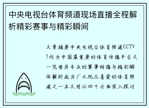 中央电视台体育频道现场直播全程解析精彩赛事与精彩瞬间