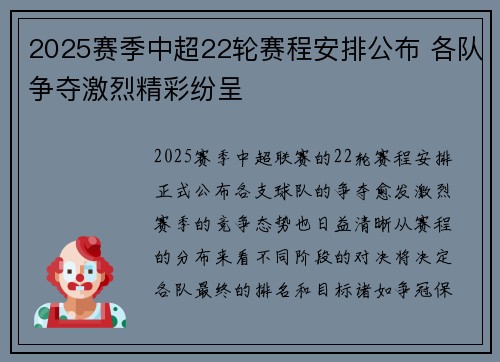 2025赛季中超22轮赛程安排公布 各队争夺激烈精彩纷呈