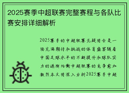 2025赛季中超联赛完整赛程与各队比赛安排详细解析