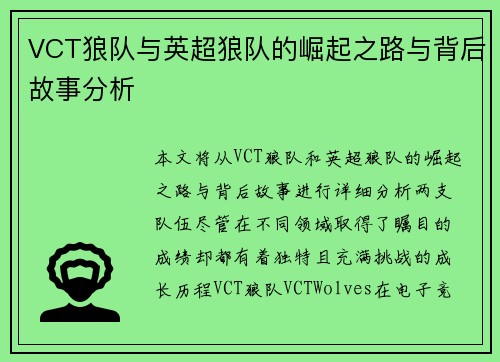 VCT狼队与英超狼队的崛起之路与背后故事分析