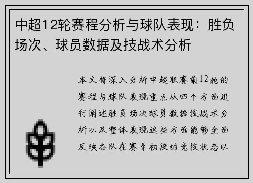 中超12轮赛程分析与球队表现：胜负场次、球员数据及技战术分析